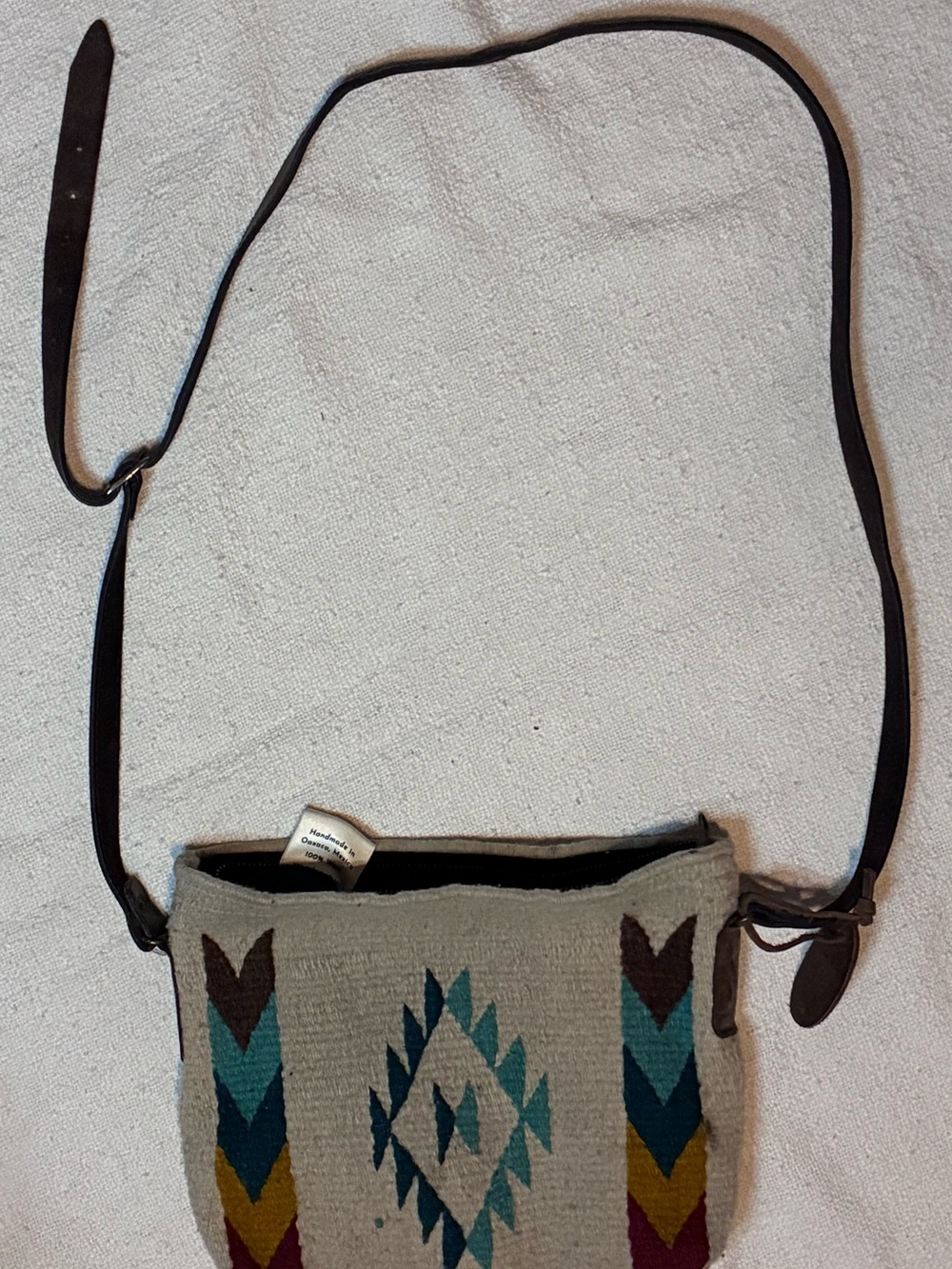 Handwoven Neutral Crossbody Bag with Teal & Mustard Accents